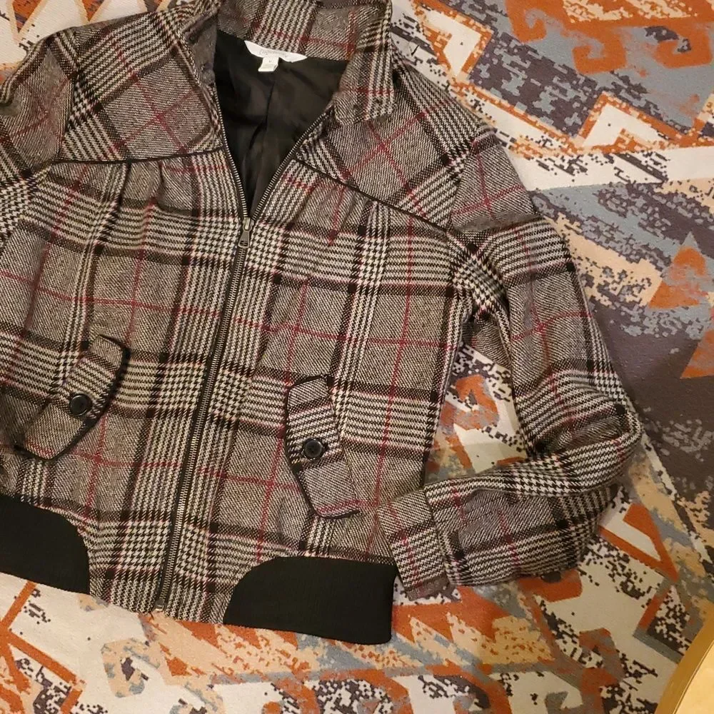 RELATIVITY WOMEN'S grey PLAID ZIPPER JACKET W/ ZIPPER POCKETS wool‎